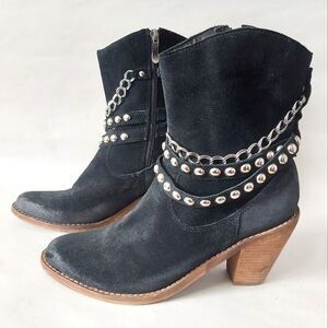 Two Lips Women Dollie Ankle Boot Size 8.5 Black Brushed Leather Chain Stack Heel